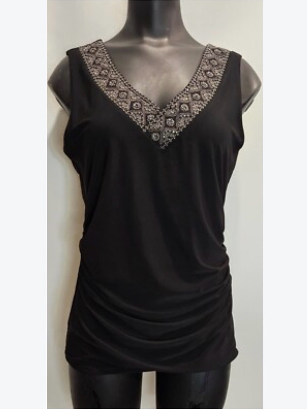 White House Black Market Black Sleeveless Top with Beaded V-Neck